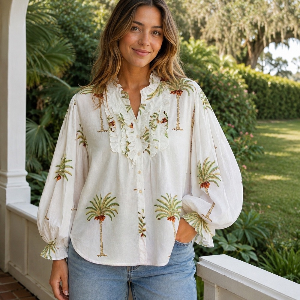 Oliphant Blouse Womens 2XL White Excellent Palm Tree Ruffle Balloon Sleeve Top